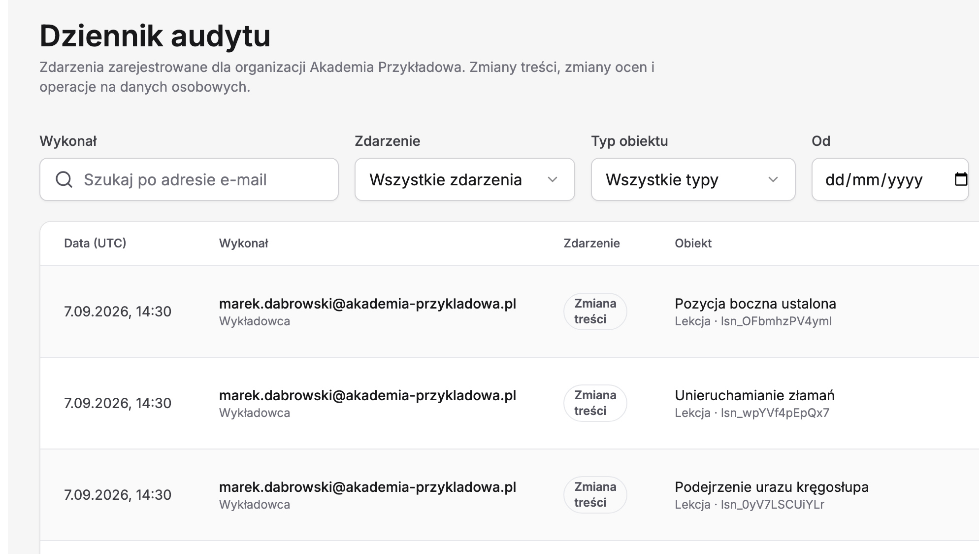 „Dziennik audytu” w Erudis z opisem „Zmiany treści, zmiany ocen i operacje na danych osobowych”: filtry „Wykonał”, „Zdarzenie”, „Typ obiektu” i „Od” oraz tabela zdarzeń z kolumnami Data (UTC), Wykonał, Zdarzenie i Obiekt — trzy wpisy „Zmiana treści” wykonane przez wykładowcę na lekcjach „Pozycja boczna ustalona”, „Unieruchamianie złamań” i „Podejrzenie urazu kręgosłupa”, z adresem e-mail i rolą wykonawcy