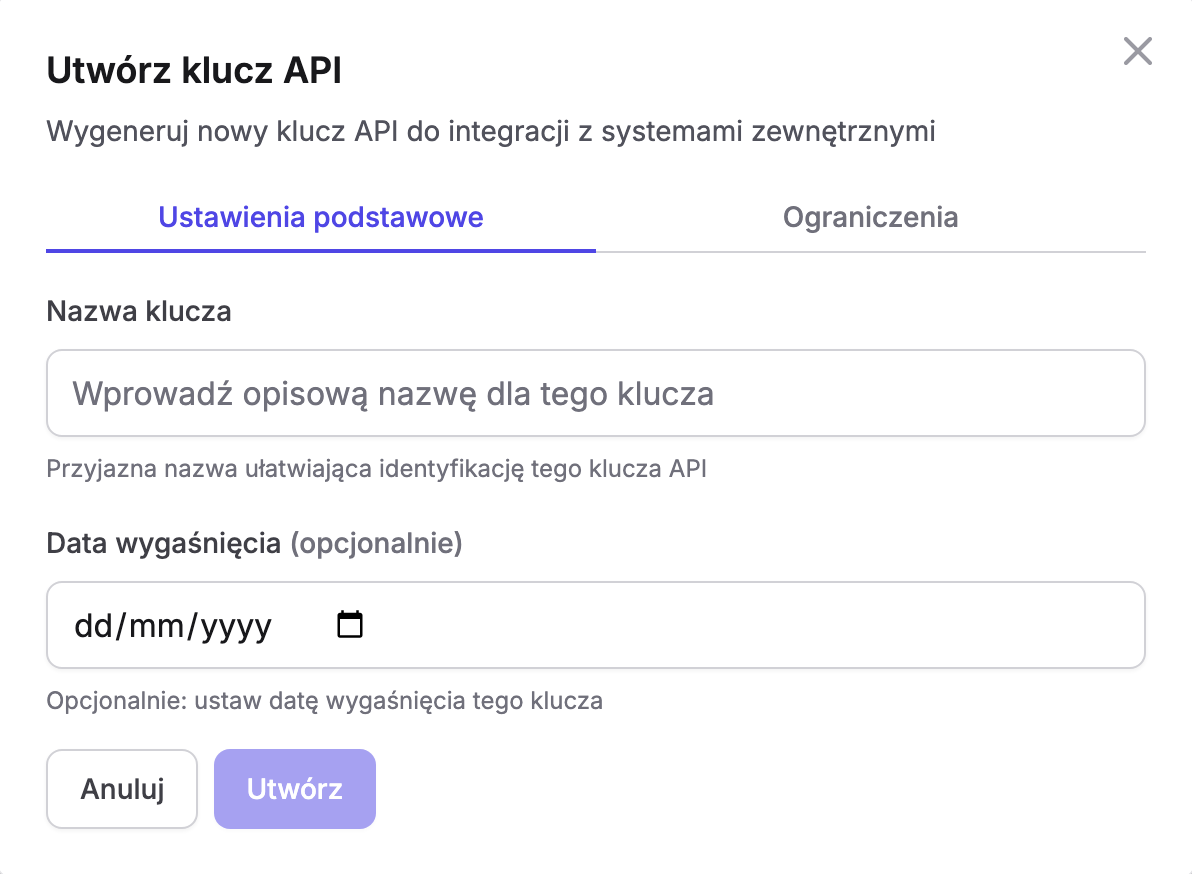 Okno „Utwórz klucz API” w Erudis: zakładki „Ustawienia podstawowe” i „Ograniczenia”, pole „Nazwa klucza” z podpowiedzią „Wprowadź opisową nazwę dla tego klucza”, pole „Data wygaśnięcia (opcjonalnie)” w formacie dd/mm/yyyy oraz przyciski „Anuluj” i „Utwórz”