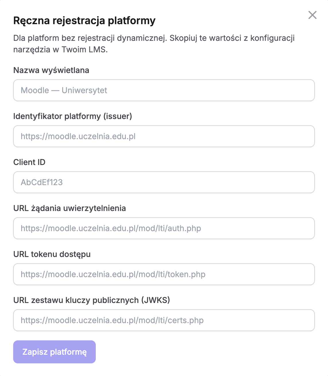 Okno „Ręczna rejestracja platformy” w Erudis z notą „Dla platform bez rejestracji dynamicznej” i polami „Nazwa wyświetlana”, „Identyfikator platformy (issuer)”, „Client ID”, „URL żądania uwierzytelnienia”, „URL tokenu dostępu” i „URL zestawu kluczy publicznych (JWKS)” z przykładowymi adresami w podpowiedziach oraz przyciskiem „Zapisz platformę”