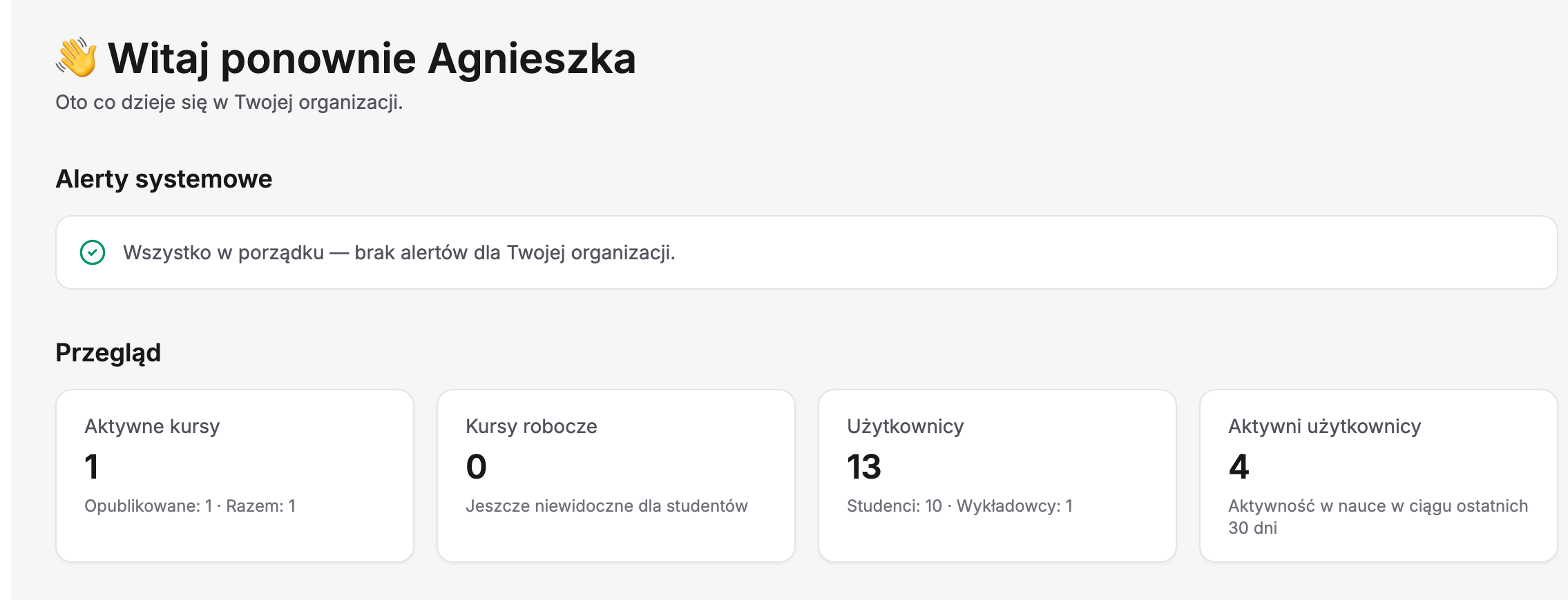 Panel koordynatora Erudis z powitaniem i podtytułem „Oto co dzieje się w Twojej organizacji”: „Alerty systemowe” z komunikatem „Wszystko w porządku — brak alertów dla Twojej organizacji” oraz „Przegląd” z kartami Aktywne kursy 1 (Opublikowane: 1 · Razem: 1), Kursy robocze 0, Użytkownicy 13 (Studenci: 10 · Wykładowcy: 1) i Aktywni użytkownicy 4 z aktywnością w nauce w ciągu ostatnich 30 dni