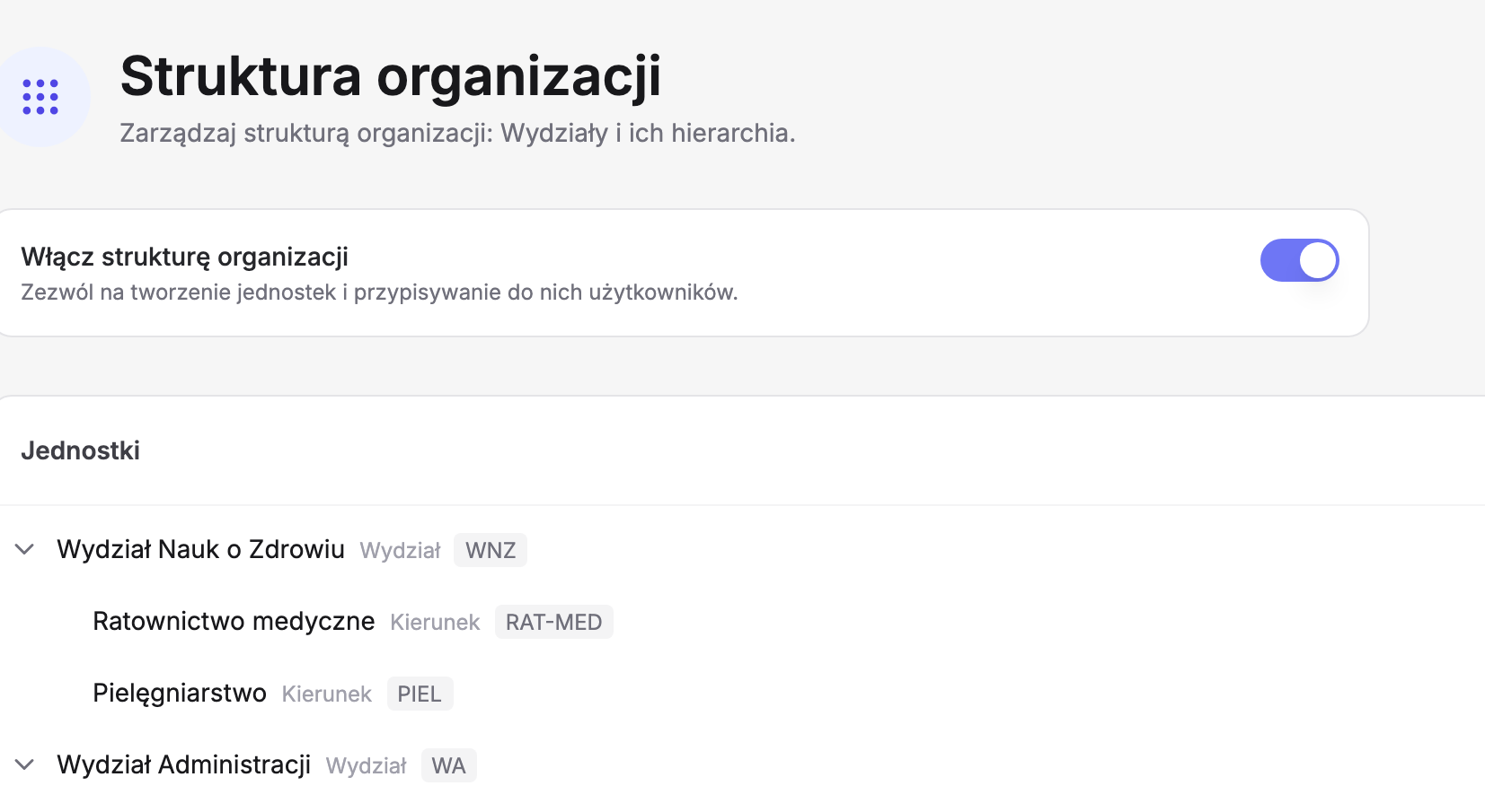 Ekran „Struktura organizacji” w Erudis z podtytułem „Wydziały i ich hierarchia”: włączony przełącznik „Włącz strukturę organizacji” i karta „Jednostki” z drzewem — Wydział Nauk o Zdrowiu (kod WNZ) z kierunkami Ratownictwo medyczne (RAT-MED) i Pielęgniarstwo (PIEL) oraz Wydział Administracji (WA)