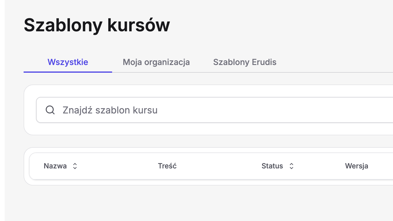 Strona „Szablony kursów” z zakładkami „Wszystkie” (aktywna), „Moja organizacja” i „Szablony Erudis”, wyszukiwarką „Znajdź szablon kursu” oraz nagłówkiem tabeli z kolumnami „Nazwa”, „Treść”, „Status” i „Wersja”
