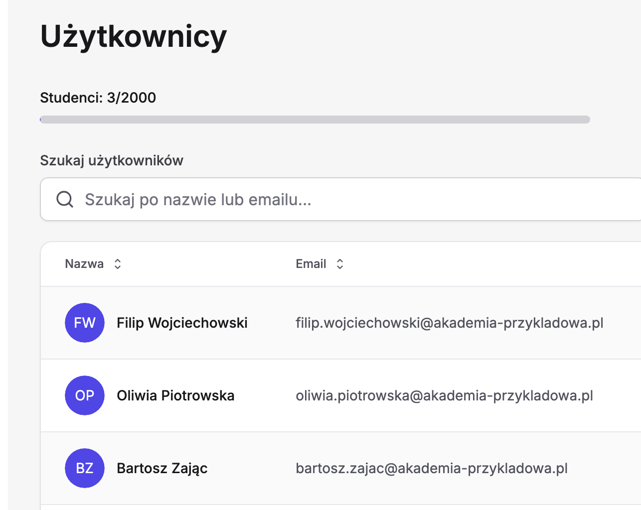 Lista „Użytkownicy” w Erudis widziana przez koordynatora z zakresem nadzoru: licznik „Studenci: 3/2000” z paskiem, pole „Szukaj użytkowników” z podpowiedzią „Szukaj po nazwie lub emailu” i tabela z trzema osobami w kolumnach „Nazwa” i „Email”