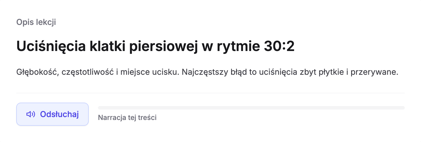 Karta „Opis lekcji” w odtwarzaczu Erudis: tytuł lekcji „Uciśnięcia klatki piersiowej w rytmie 30:2”, jednozdaniowy opis o głębokości, częstotliwości i miejscu ucisku oraz najczęstszym błędzie, a pod nim przycisk „Odsłuchaj” z paskiem odtwarzania i etykietą „Narracja tej treści”