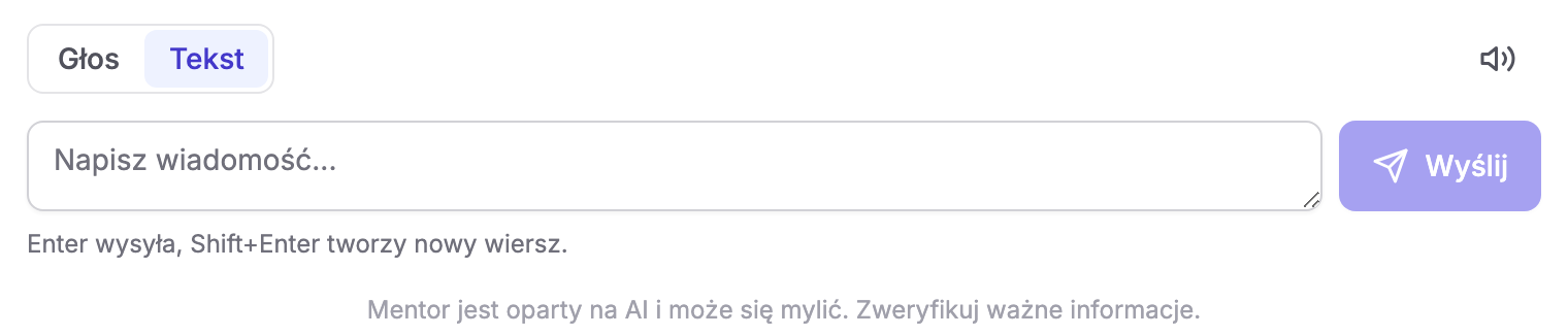 Dolny pasek okna rozmowy z mentorem AI w Erudis: przełącznik „Głos / Tekst” z aktywnym „Tekst” i ikoną głośnika, pole „Napisz wiadomość…” z przyciskiem „Wyślij”, podpowiedź „Enter wysyła, Shift+Enter tworzy nowy wiersz.” oraz zastrzeżenie „Mentor jest oparty na AI i może się mylić. Zweryfikuj ważne informacje.”