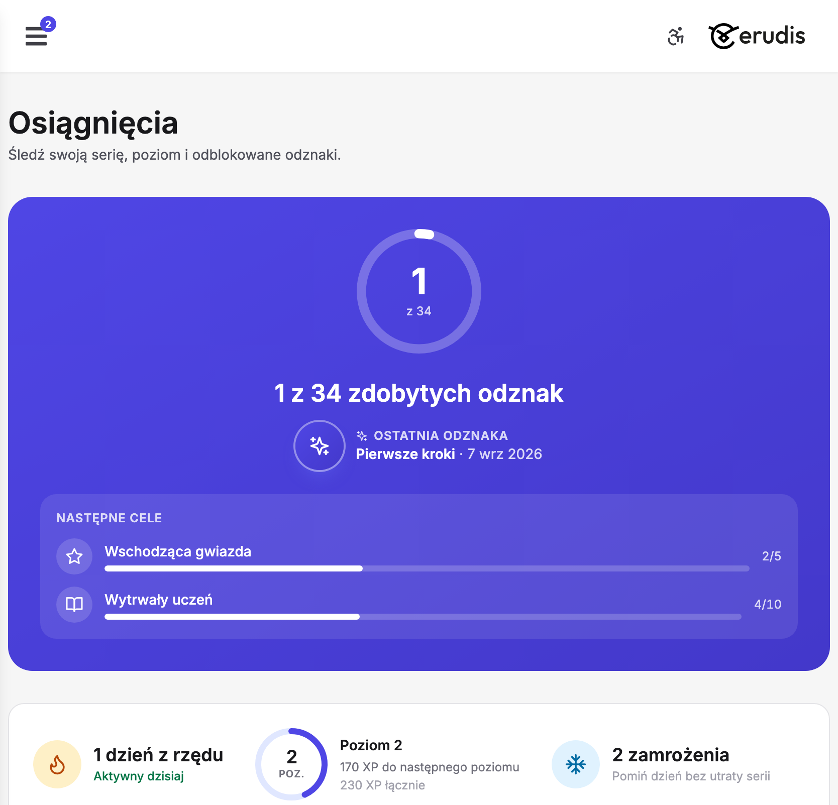 Ekran „Osiągnięcia” w Erudis: pierścień „1 z 34 zdobytych odznak” z ostatnią odznaką „Pierwsze kroki”, blok „Następne cele” z paskami postępu „Wschodząca gwiazda 2/5” i „Wytrwały uczeń 4/10” oraz karta statystyk „1 dzień z rzędu · Aktywny dzisiaj”, „Poziom 2” z „170 XP do następnego poziomu” i „2 zamrożenia”