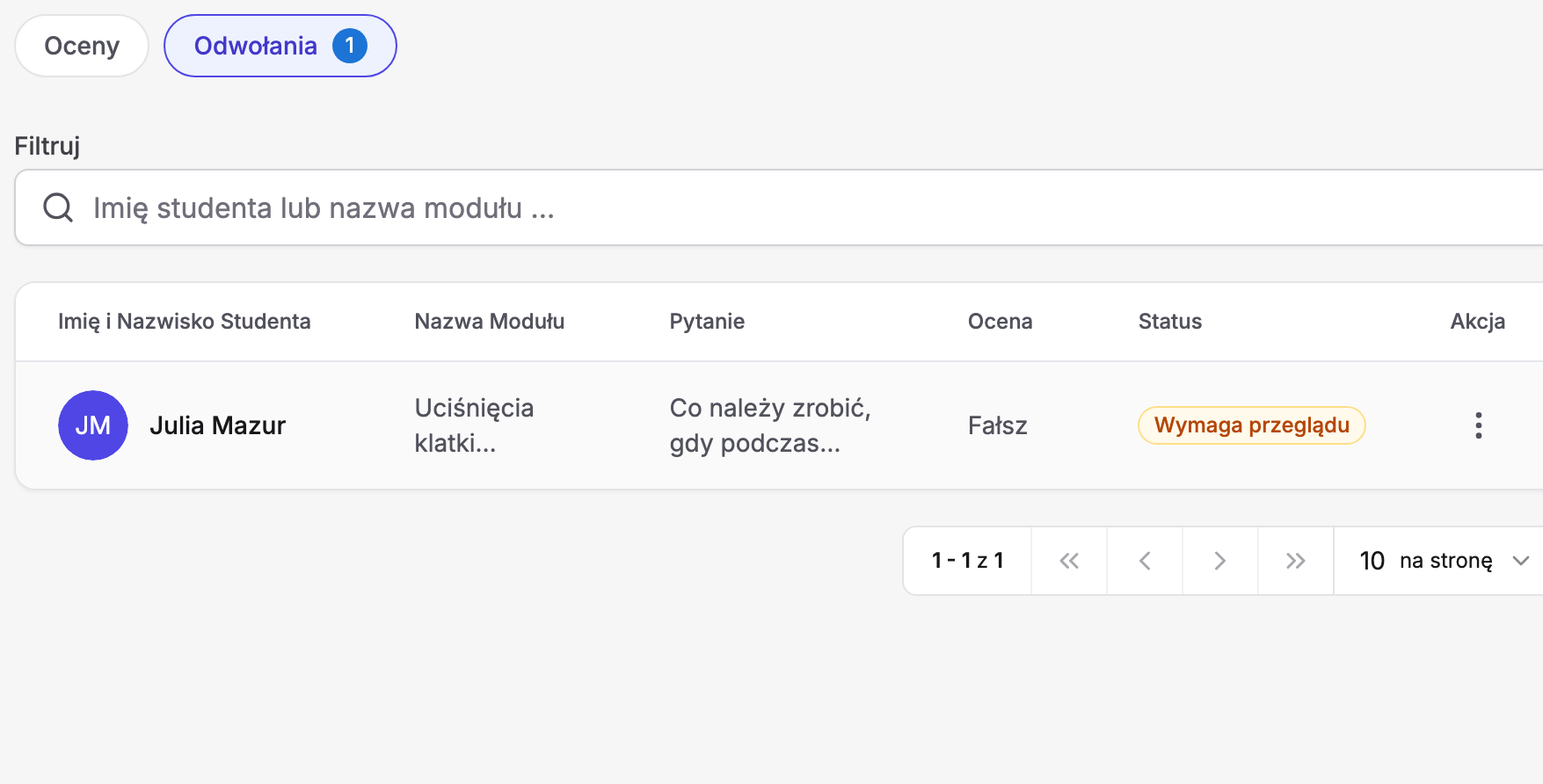 Widok „Odwołania” w zakładce „Oceny” kursu Erudis: przełącznik „Oceny / Odwołania” z aktywnym „Odwołania” i licznikiem 1, pole „Filtruj” z podpowiedzią „Imię studenta lub nazwa modułu” i tabela z kolumnami Imię i Nazwisko Studenta, Nazwa Modułu, Pytanie, Ocena, Status i Akcja — jedno odwołanie studentki z modułu o uciśnięciach klatki piersiowej, pytaniem „Co należy zrobić, gdy podczas…”, oceną „Fałsz”, odznaką „Wymaga przeglądu” i menu akcji — oraz paginacja „1 - 1 z 1” z wyborem „10 na stronę”