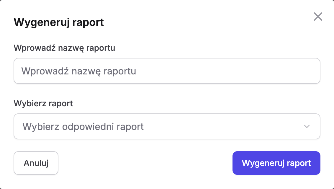 Okno „Wygeneruj raport” w Erudis: pole „Wprowadź nazwę raportu”, lista rozwijana „Wybierz raport” z podpowiedzią „Wybierz odpowiedni raport” oraz przyciski „Anuluj” i „Wygeneruj raport”