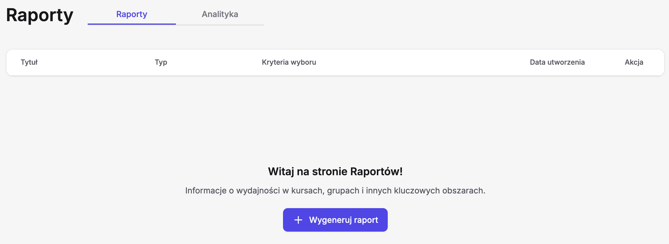 Strona „Raporty” wykładowcy w Erudis z zakładkami „Raporty” (aktywna) i „Analityka”, nagłówkiem pustej tabeli z kolumnami „Tytuł”, „Typ”, „Kryteria wyboru”, „Data utworzenia” i „Akcja” oraz stanem pustym „Witaj na stronie Raportów!” z opisem „Informacje o wydajności w kursach, grupach i innych kluczowych obszarach.” i przyciskiem „Wygeneruj raport”