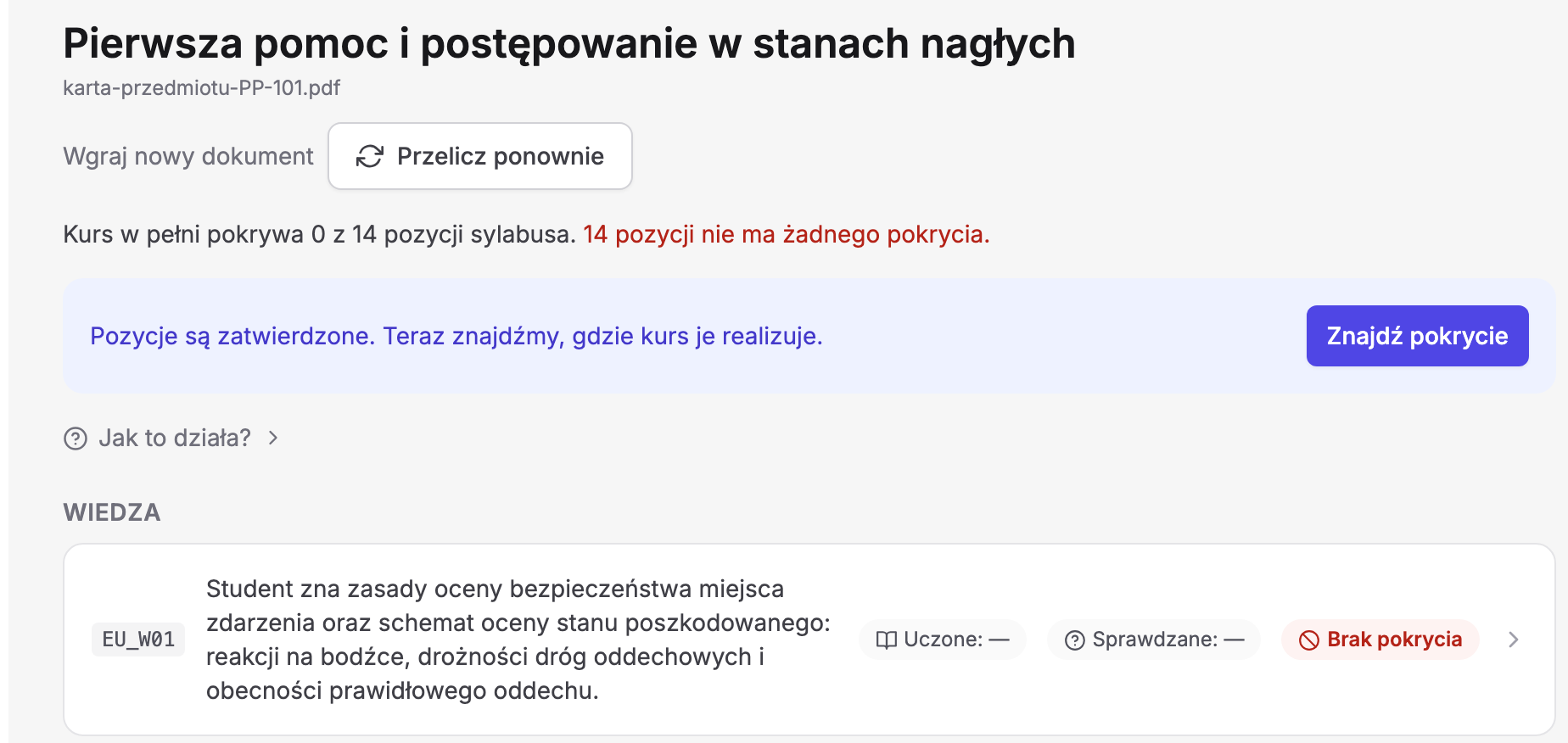 Zakładka „Sylabus” kursu „Pierwsza pomoc i postępowanie w stanach nagłych” w Erudis: plik „karta-przedmiotu-PP-101.pdf”, link „Wgraj nowy dokument”, przycisk „Przelicz ponownie”, licznik „Kurs w pełni pokrywa 0 z 14 pozycji sylabusa” z notą „14 pozycji nie ma żadnego pokrycia”, komunikat „Pozycje są zatwierdzone. Teraz znajdźmy, gdzie kurs je realizuje.”, łącze „Jak to działa?” oraz sekcja „Wiedza” z pełnym wierszem efektu EU_W01 i pastylkami „Uczone: —”, „Sprawdzane: —” i „Brak pokrycia”